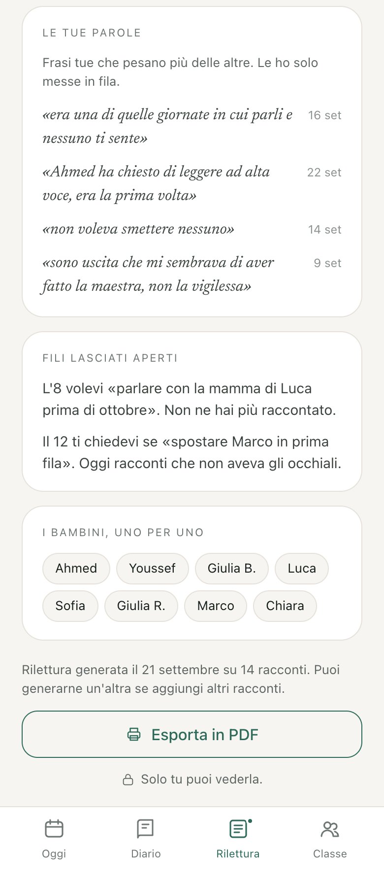 La Rilettura: le frasi della maestra che pesano di più e i fili lasciati aperti.