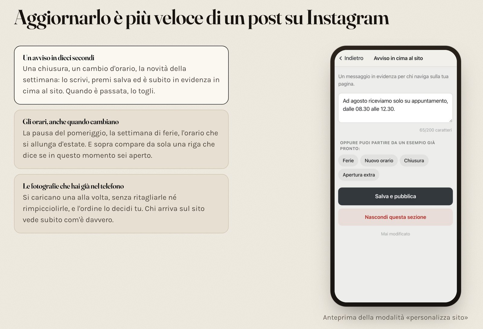 La pagina riservata di Urbians Lab: l'avviso, gli orari e le fotografie si cambiano da soli, e accanto il telefono mostra il campo dell'avviso con il tasto «Salva e pubblica».