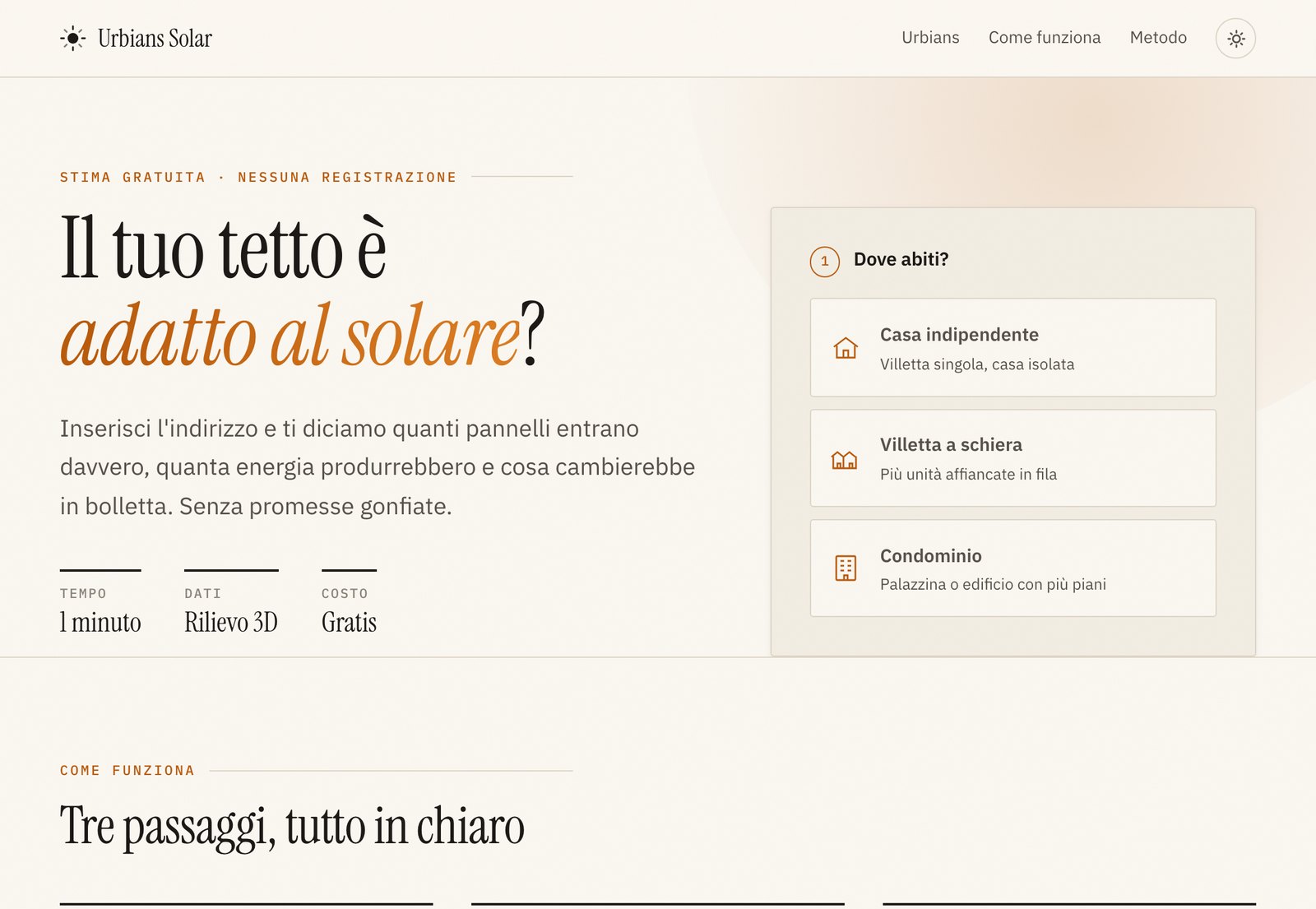 Urbians Solar: l'interfaccia di analisi del tetto con la selezione dell'immobile tra casa indipendente, villetta o condominio.