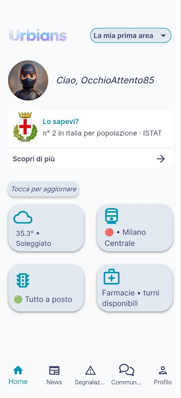 La schermata principale dell'app Urbians: il meteo, il treno per Milano Centrale, le farmacie di turno e lo stato del traffico.