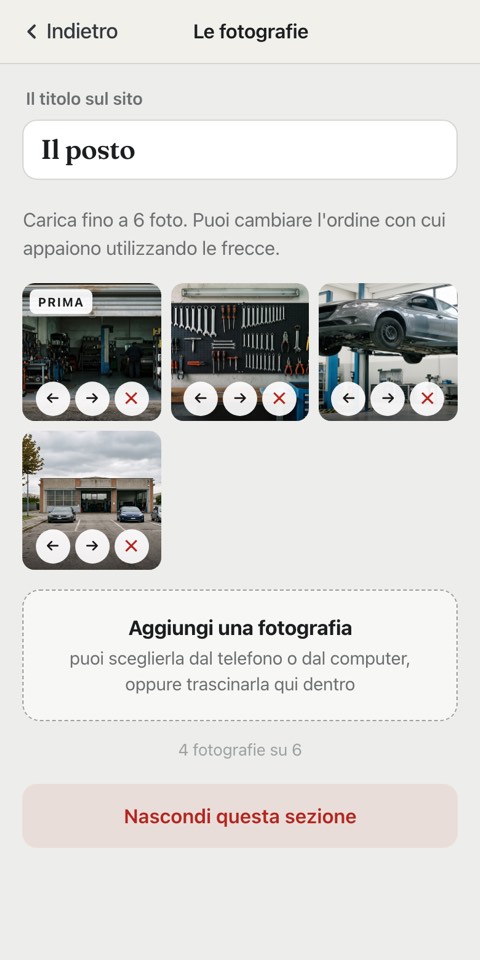 Le fotografie dentro la pagina riservata, viste da un telefono: le immagini gi&agrave; caricate in fila, ognuna con le frecce per spostarla, e sotto il riquadro per aggiungerne una dal telefono o dal computer.