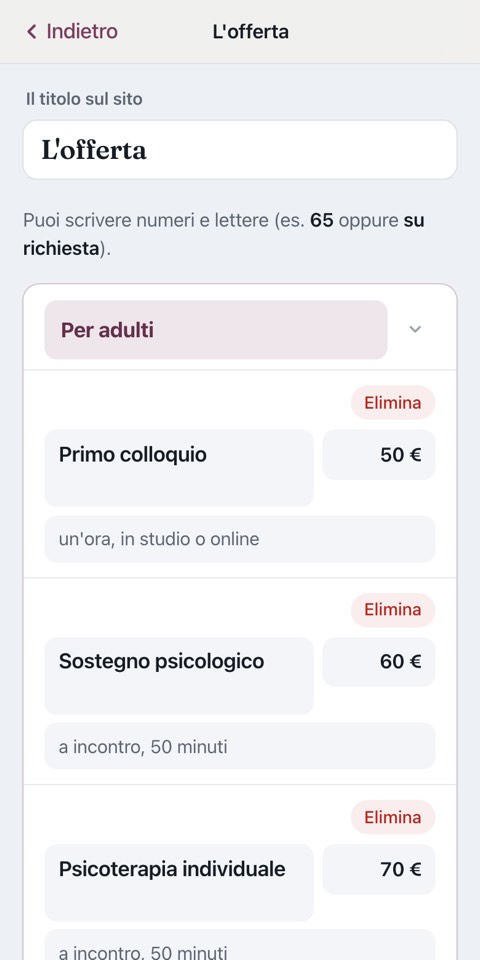 La pagina riservata vista da un telefono.